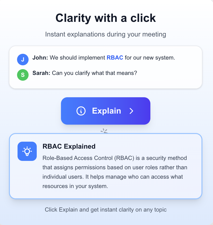 Screenshot of a chat about implementing RBAC, with a button labeled 'Explain' and a panel defining RBAC as Role-Based Access Control, a security method assigning permissions by user roles.