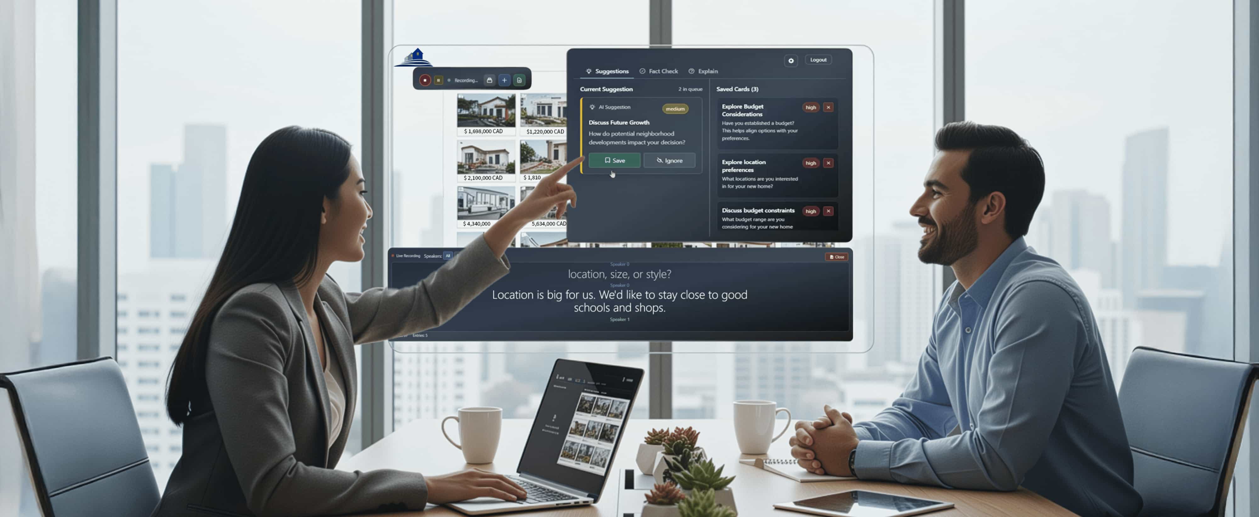 A woman and a man smiling and discussing while looking at a laptop and interactive screen displaying real estate listings and AI suggestions in a modern office with cityscape background.