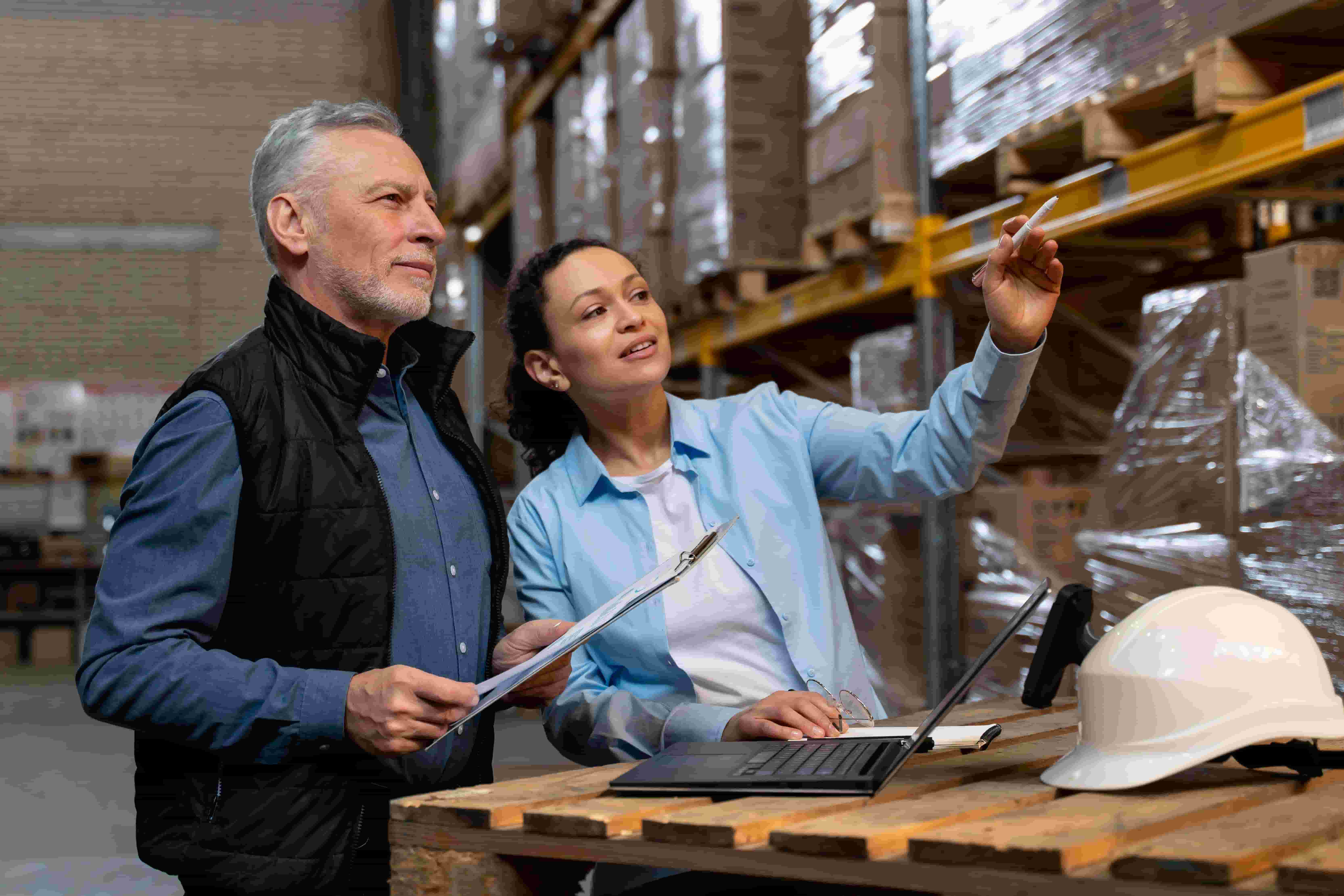 Two warehouse employees reviewing inventory data on a laptop and clipboard with shelves of packaged goods in the background.