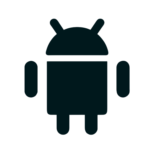 Black silhouette of the Android robot logo with antennae and rectangular body.