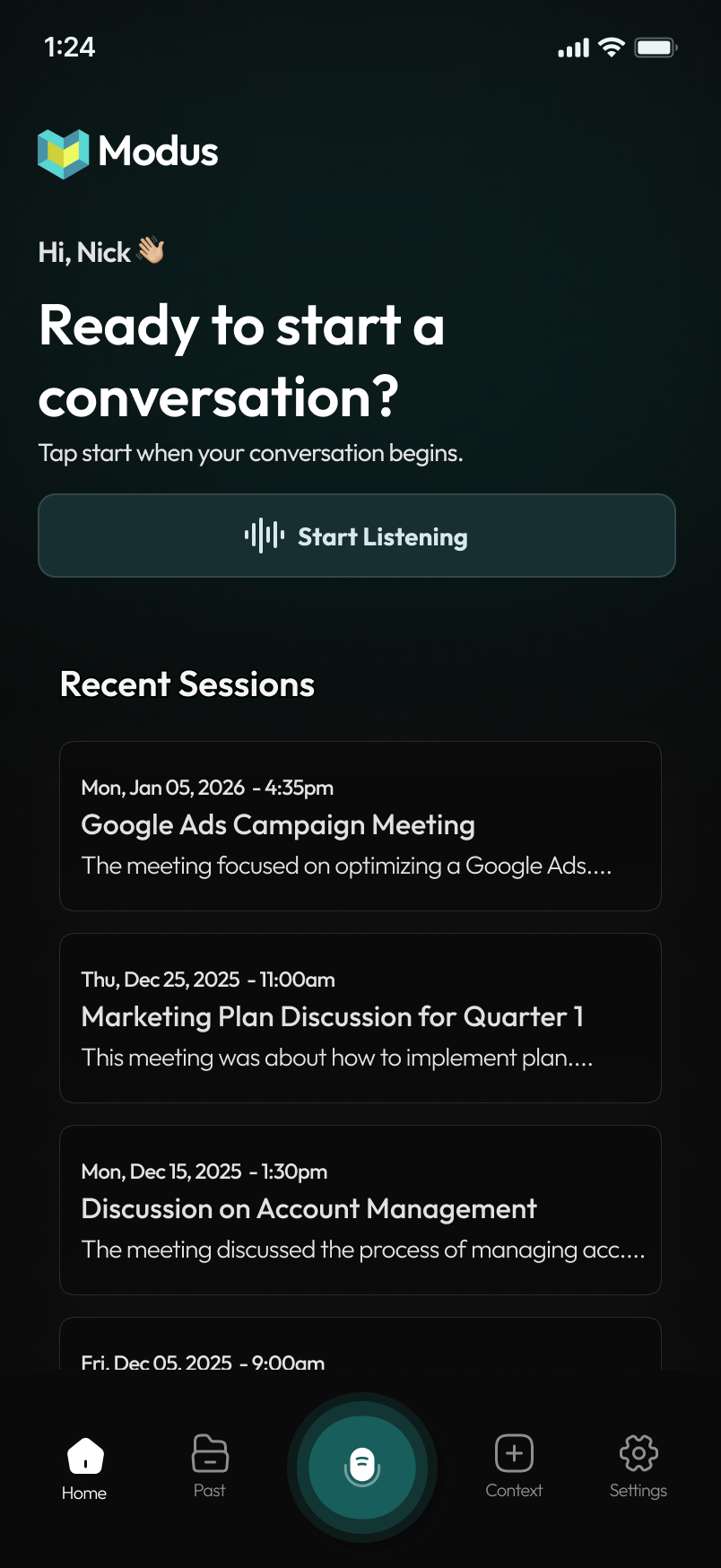 Modus returning user screen