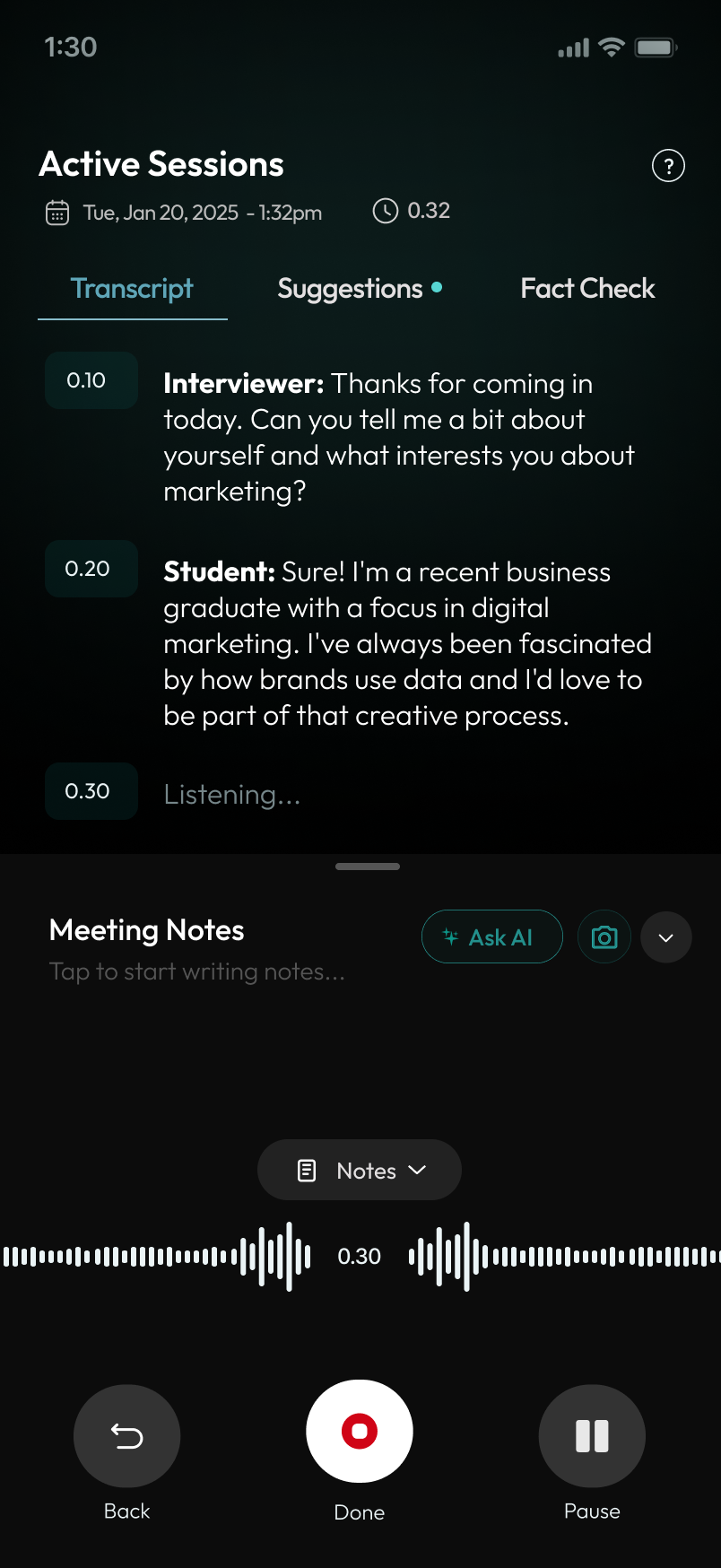 Modus transcript screen
