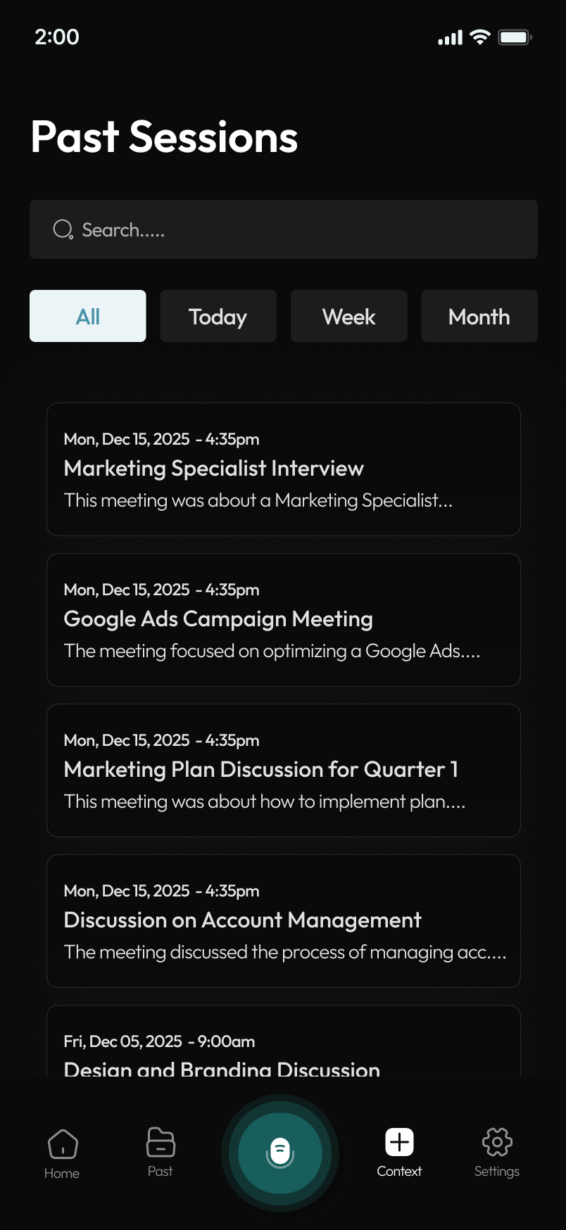 Modus past sessions screen