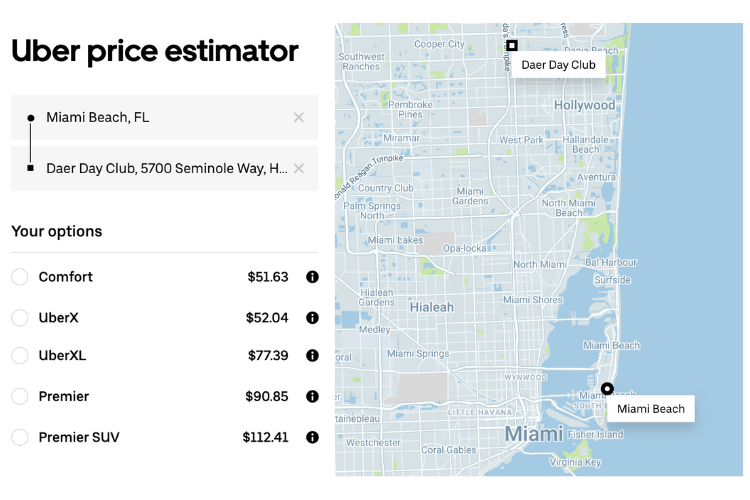 Uber prices from miami beach to DAER Dayclub