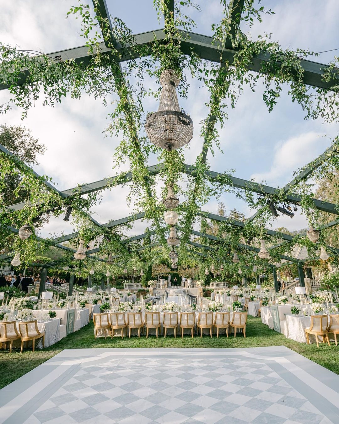 Dance floor and tables at garden wedding