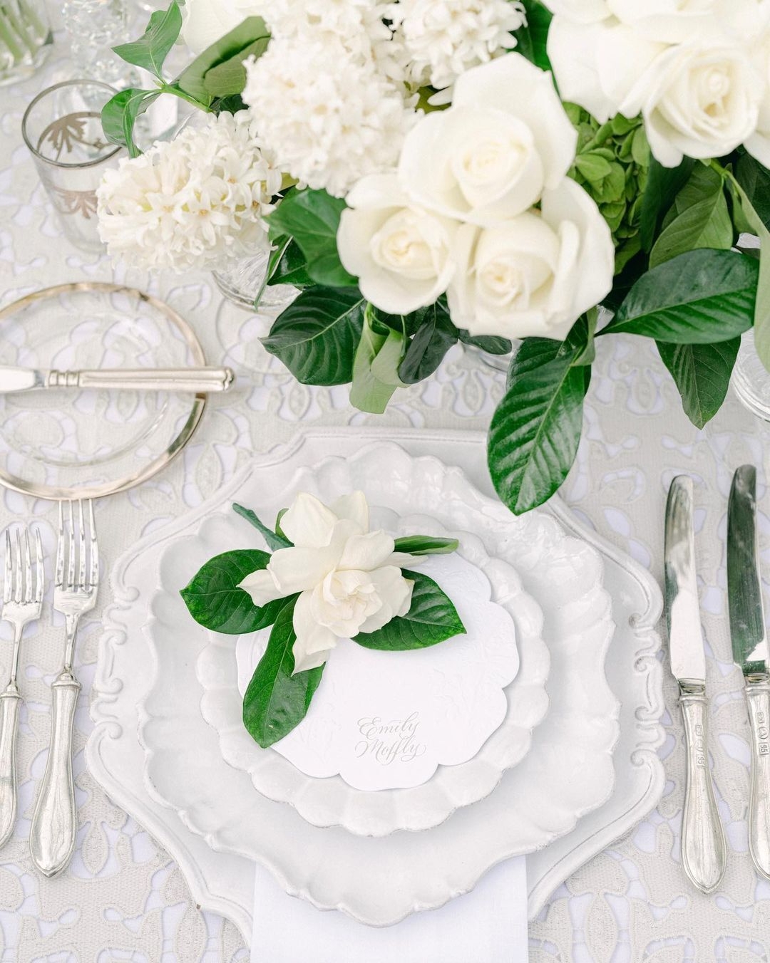 Table set up, detailed, at garden wedding
