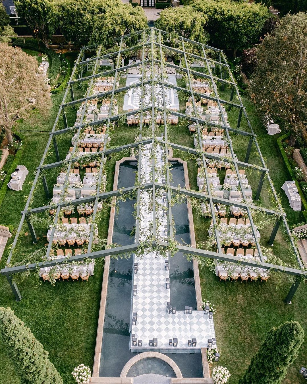 Wide angle of set up at garden wedding
