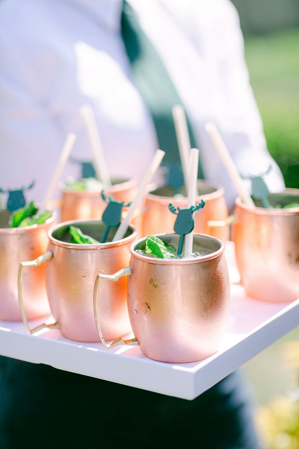 Tray passed cocktails at forest baby shower