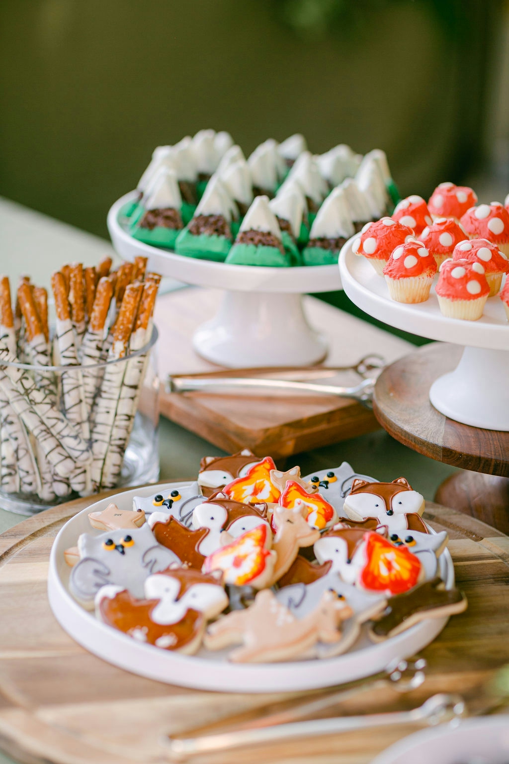 Cute animal cookies and desserts at forest baby shower