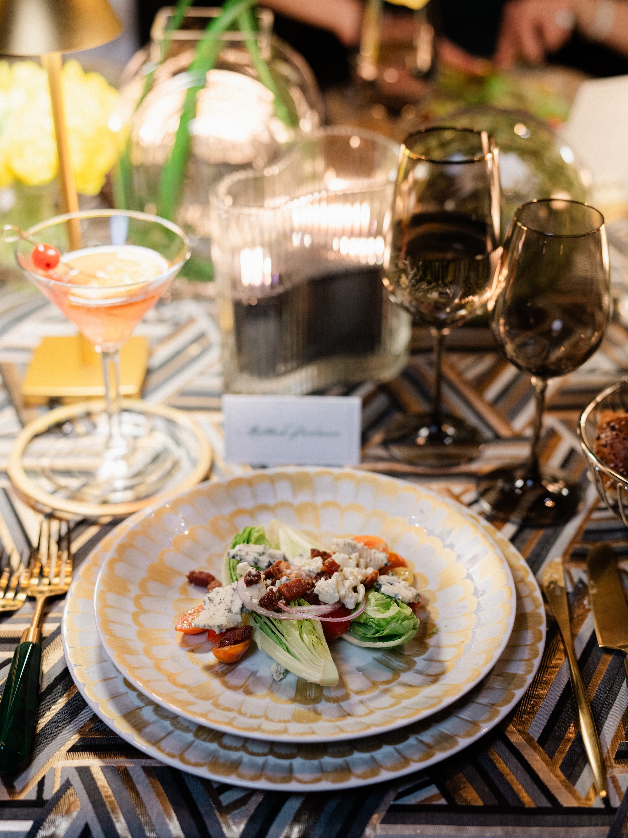 Desert wedding weekend, martini and salad served at the table