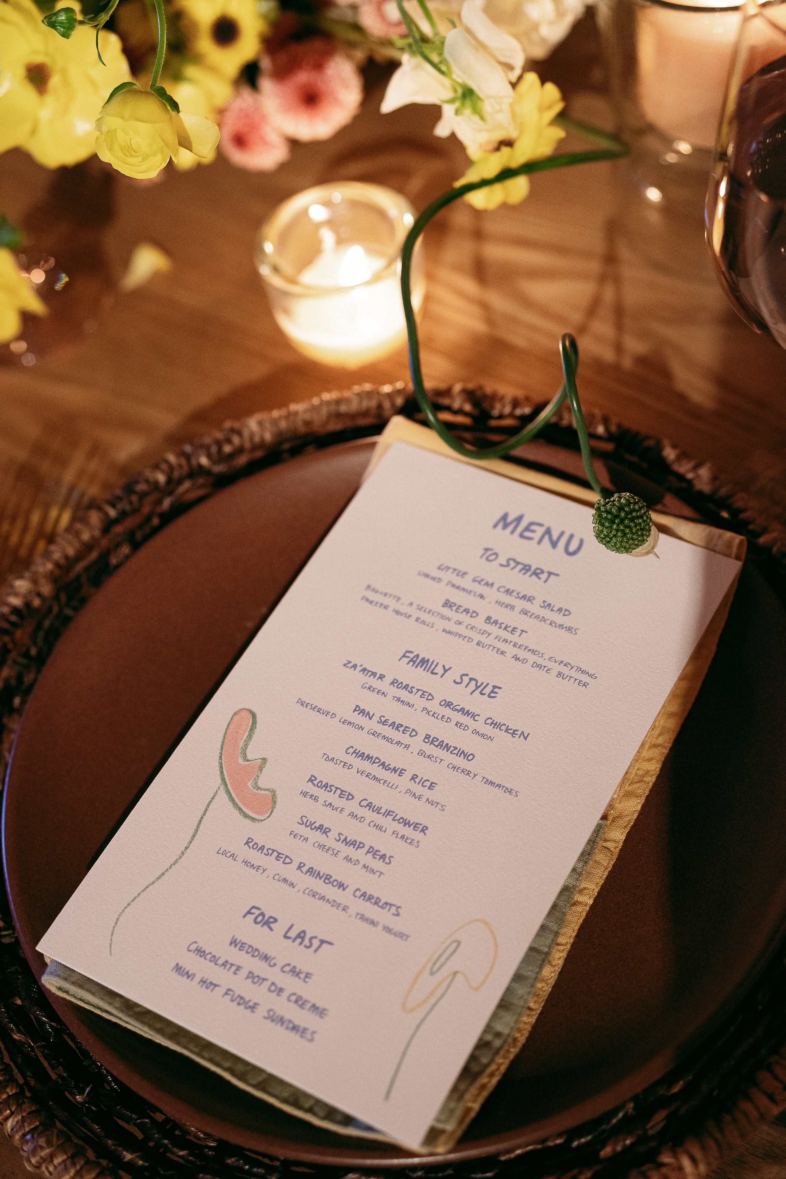 Boho chic wedding, food and drink menu for reception
