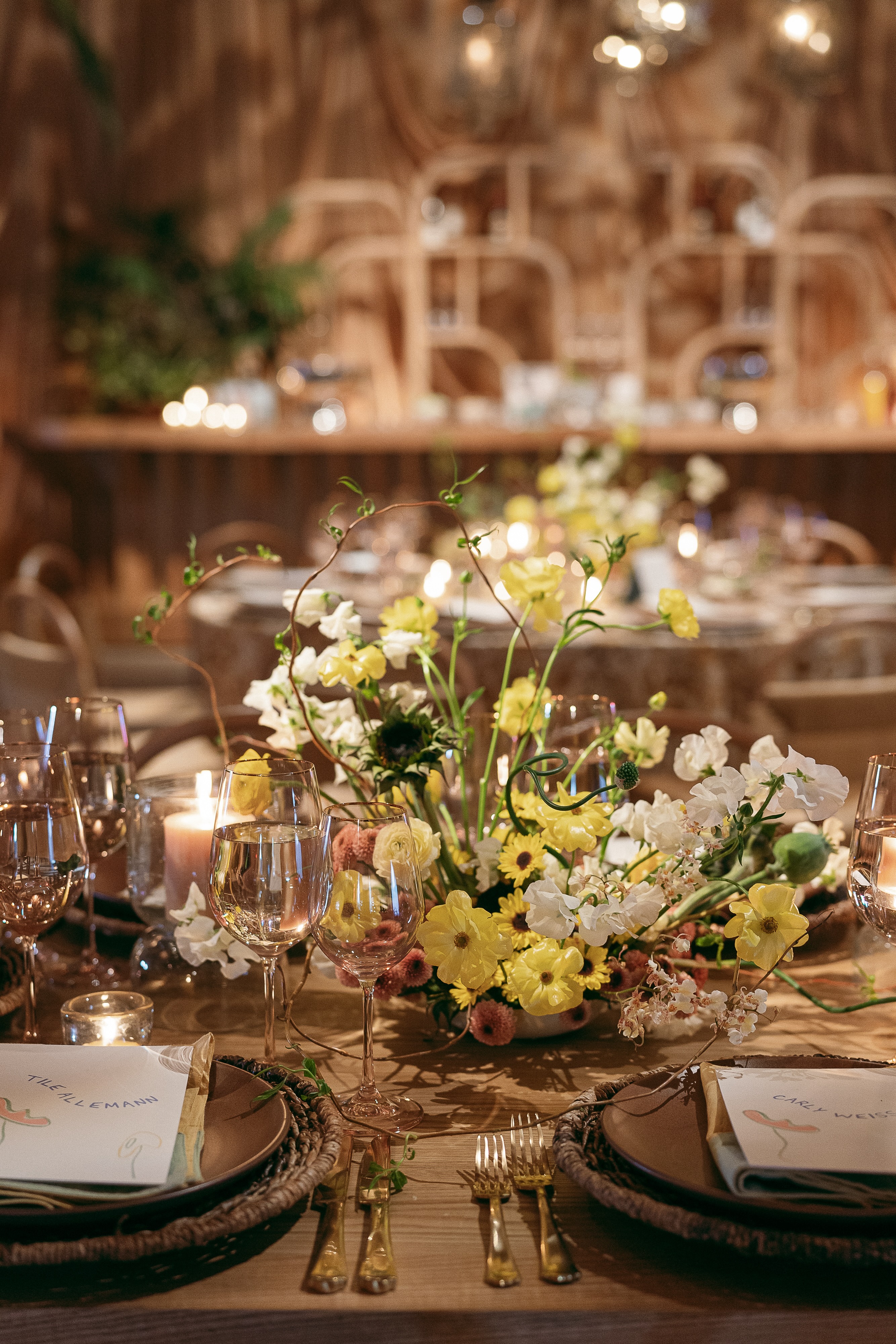 Boho chic wedding, floral set up on the tables