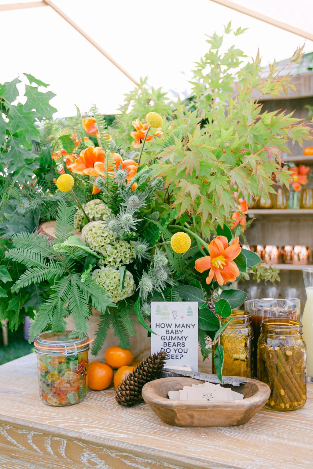 Menus and bar set up at forest themed baby shower
