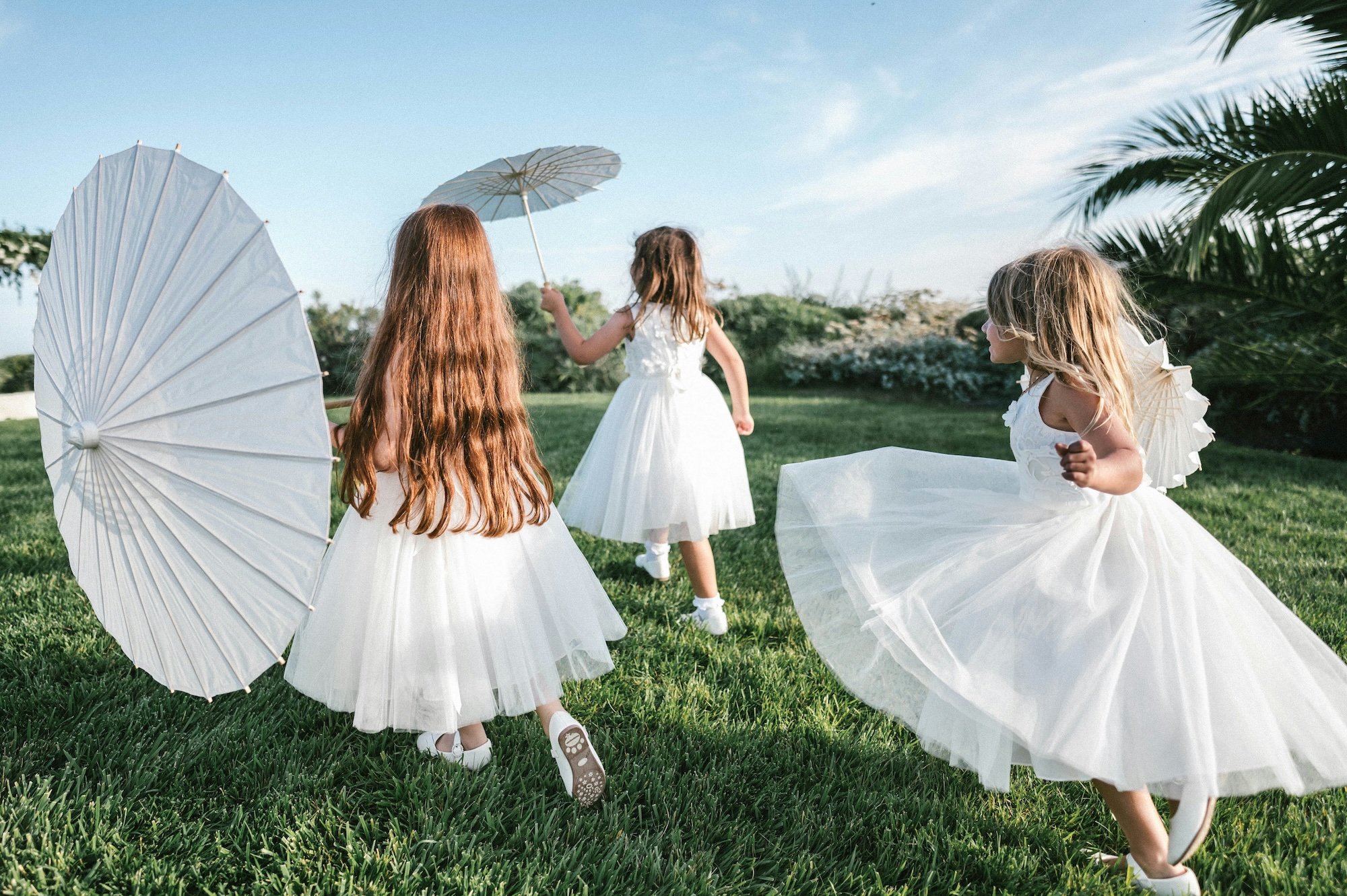 Three young girls in white dresses playing outdoors on grass, holding white parasols.