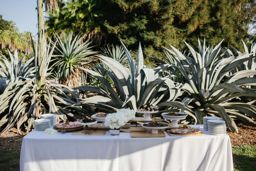 Outdoor dessert table with white tablecloth, plates, assorted cookies and pastries, and white floral centerpiece, set against large agave plants.