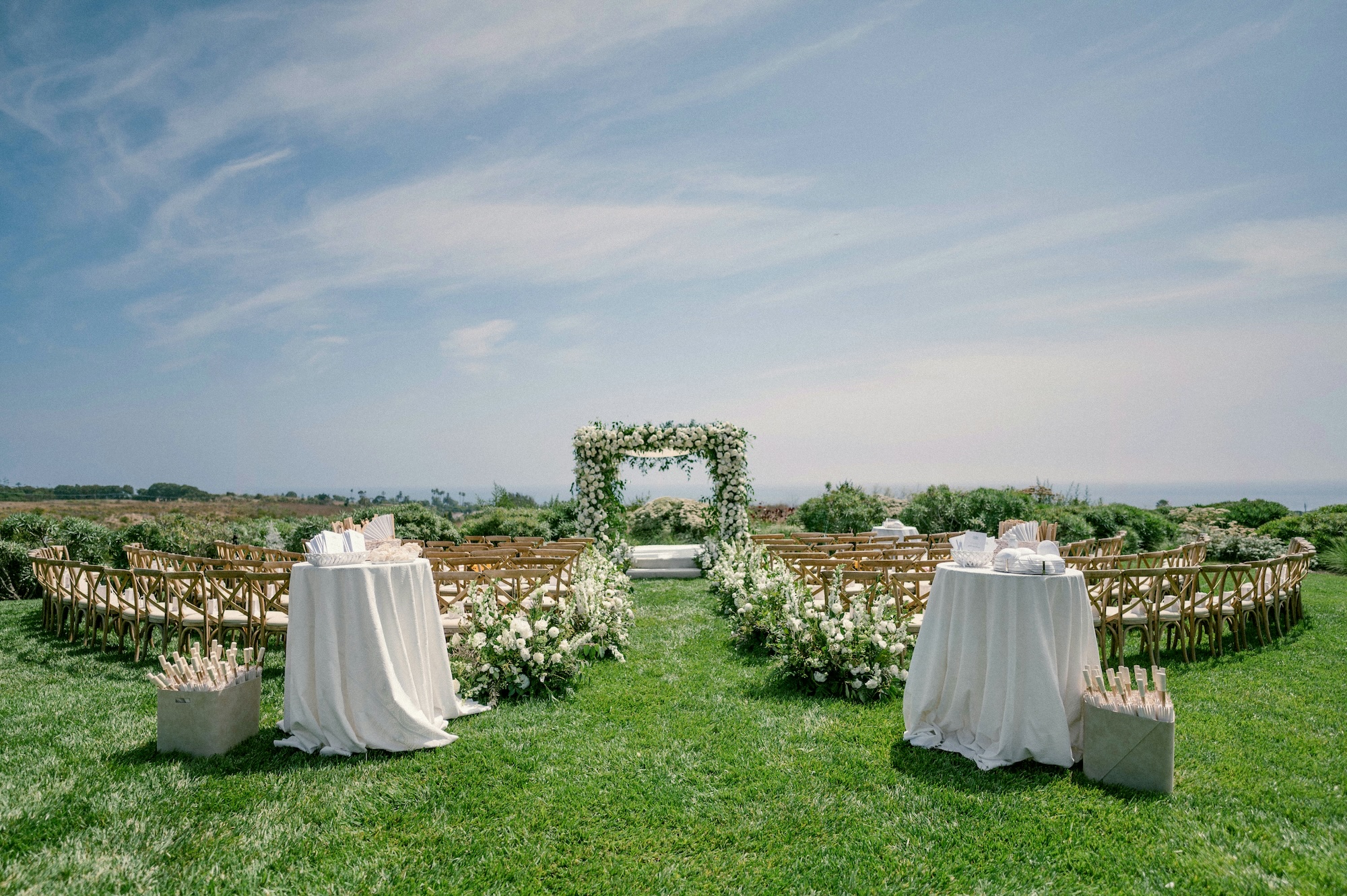 Outdoor wedding aisle on green grass with white floral arrangements lining the path and a floral arch at the end under a partly cloudy sky.