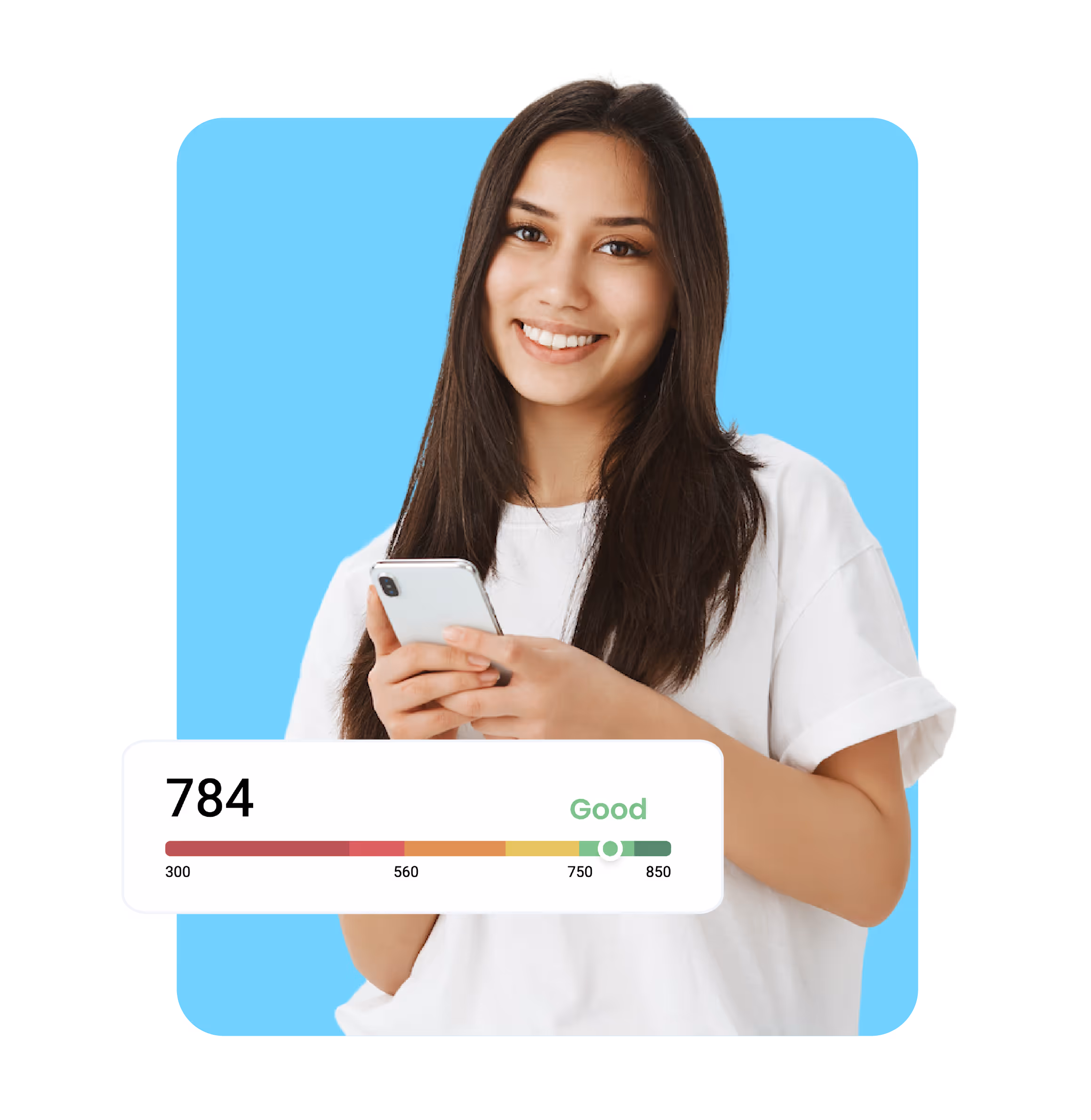 Imagen chica con celular y banner score