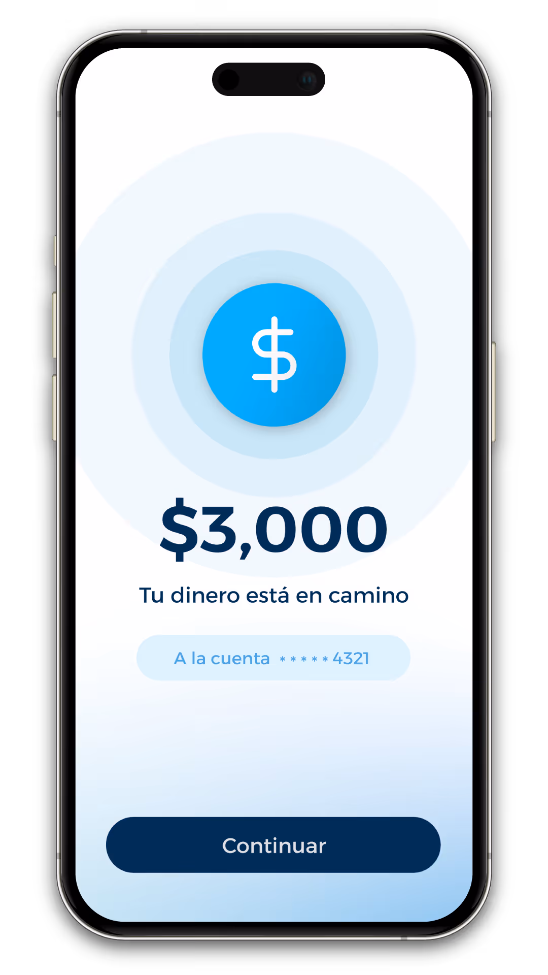 Pantalla de aplicación móvil que muestra que $3,000 están en camino a la cuenta terminada en 4321 con un botón azul de continuar.
