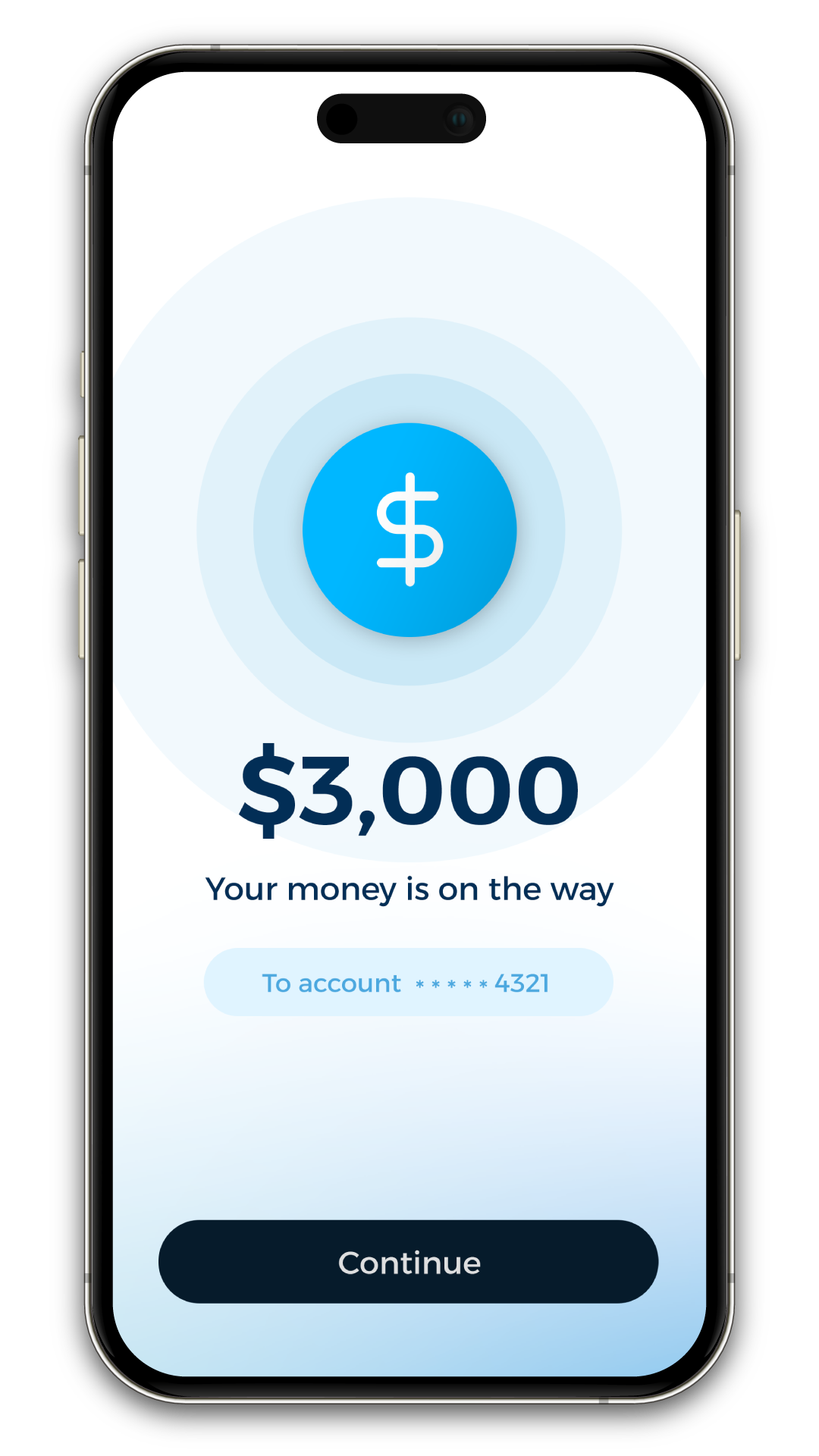 Pantalla de aplicación móvil que muestra que $3,000 están en camino a la cuenta terminada en 4321 con un botón azul de continuar.