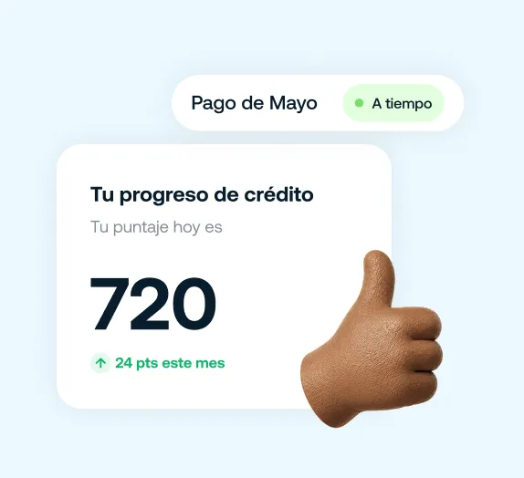 Tarjeta de progreso de crédito con puntaje 720 y pago de mayo a tiempo, mostrando aumento de 24 puntos.