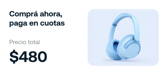Auriculares inalámbricos azules sobre fondo claro con texto de precio de $480 en cuotas.