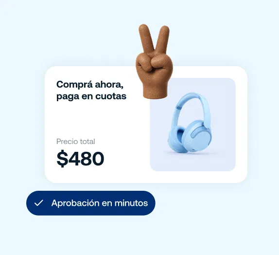 Auriculares azules con texto que indica compra en cuotas por $480 y aprobación en minutos.