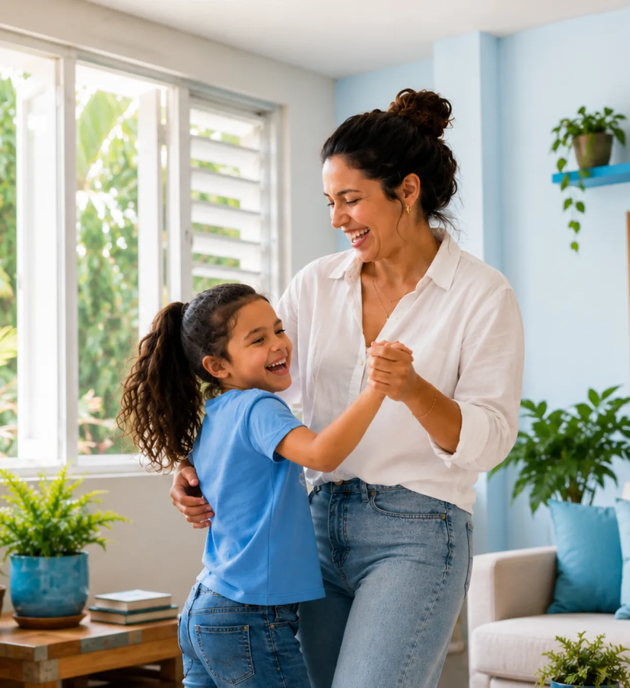 Mujeres bailando en el living de una casa