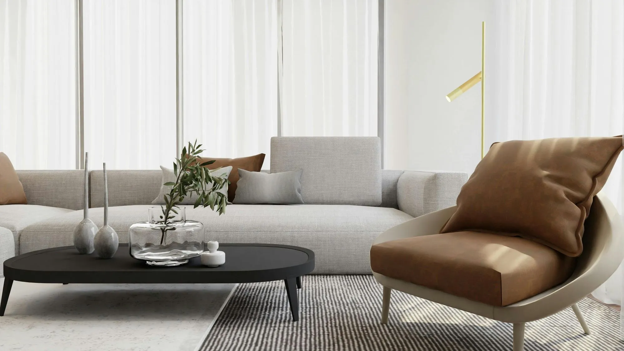 Minimalist living room with neutral sofa and modern decor
