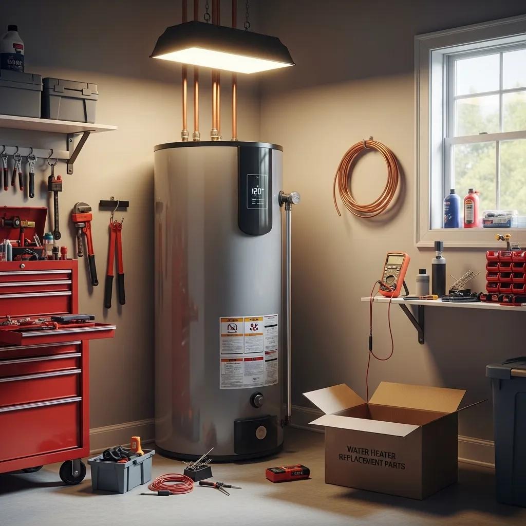 Modern water heater in a cozy utility room, emphasizing home maintenance and repair