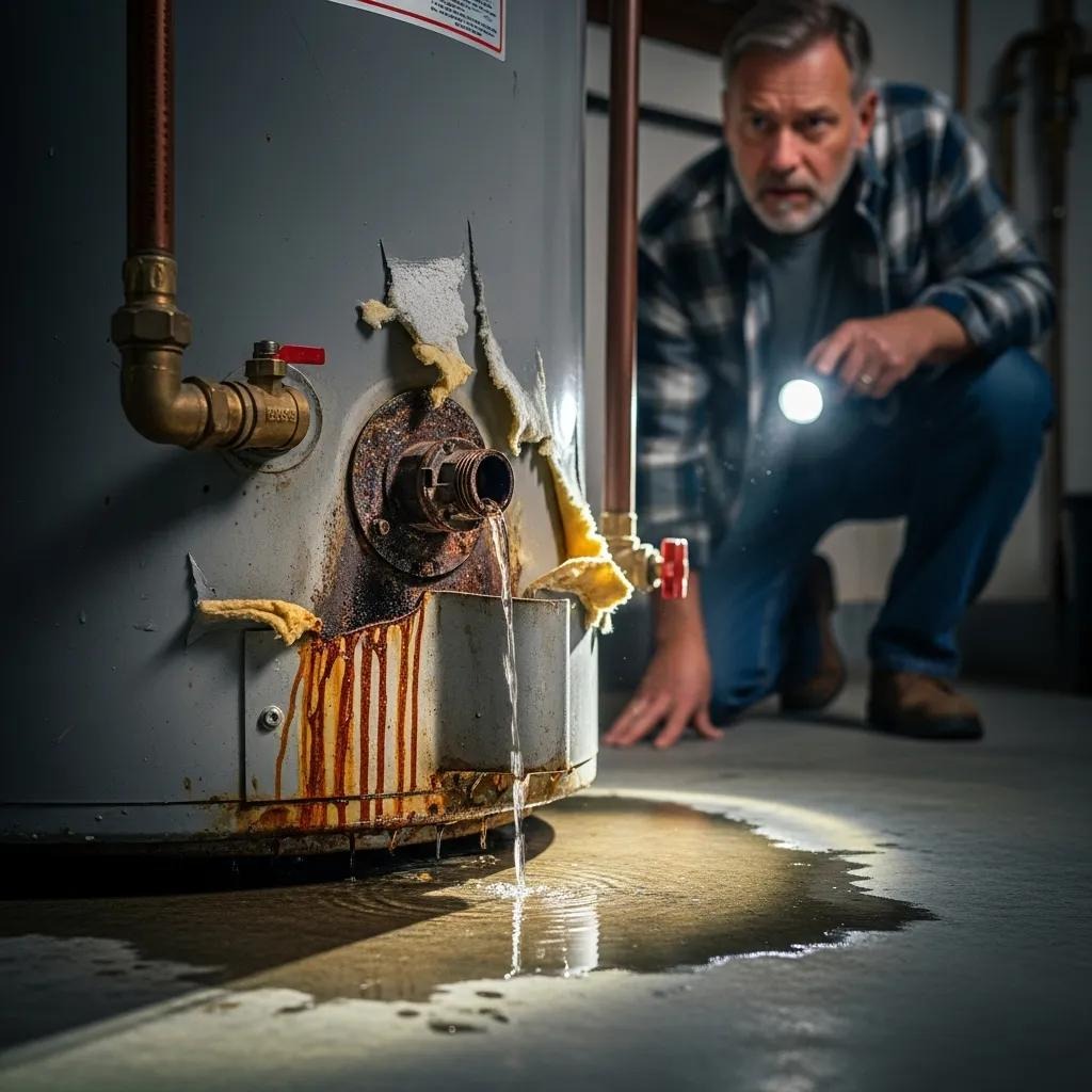 Close-up of a worn water heater showing rust and leaks, illustrating signs of failure