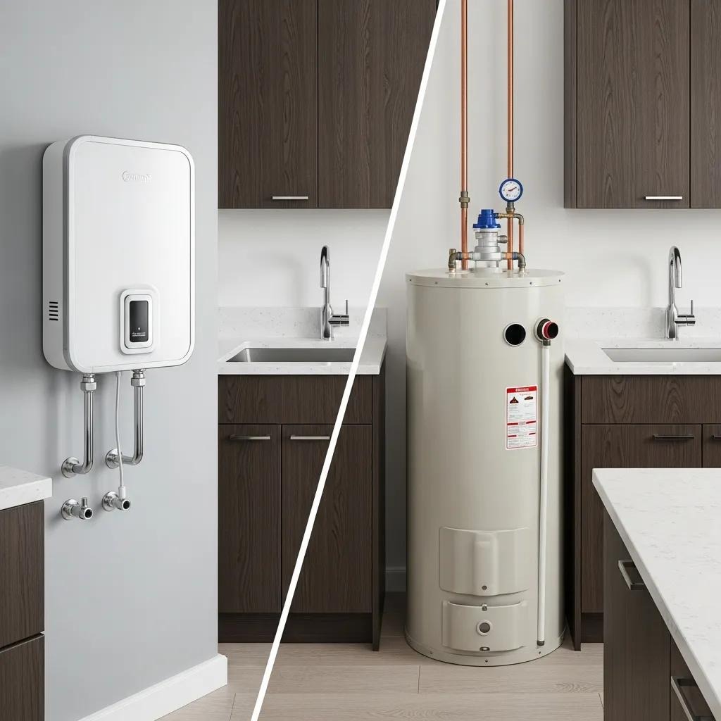 Comparison of tankless and traditional tank water heaters in a modern kitchen setting