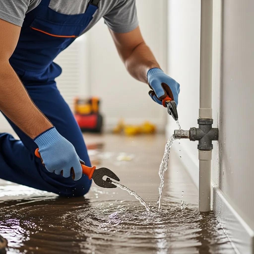 Plumber fixing a burst pipe in a home during a plumbing emergency