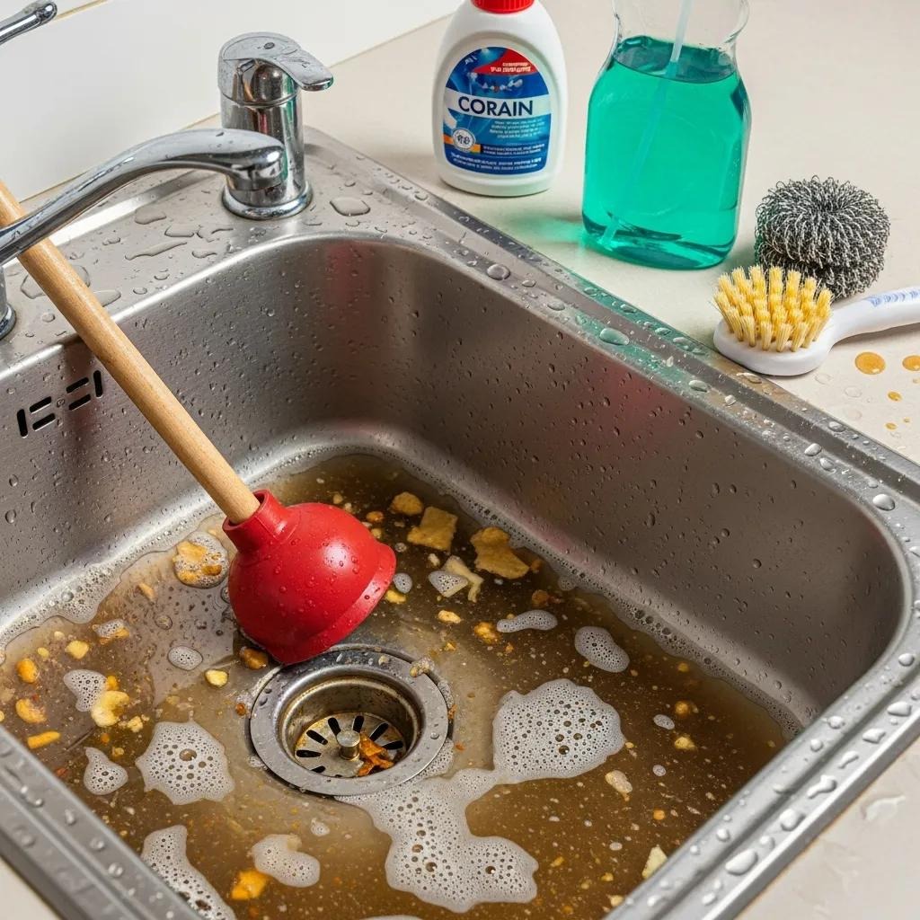 Clogged kitchen sink with dirty water and cleaning supplies indicating urgency