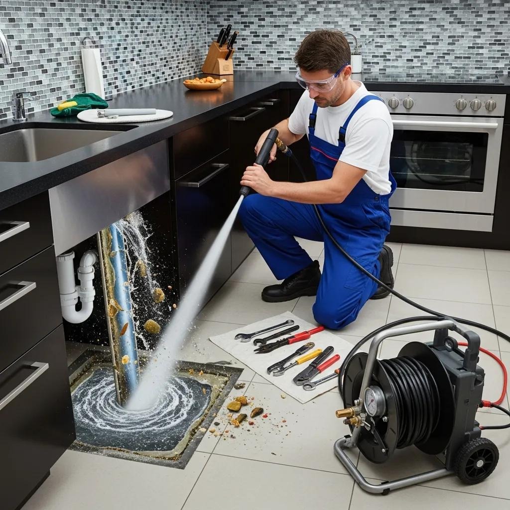 Professional plumber using hydro jetting equipment to clear a clogged drain in a modern kitchen