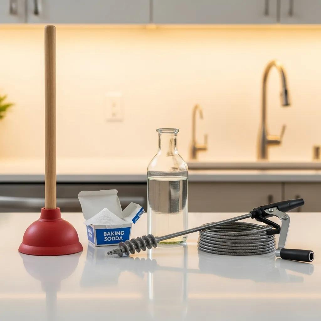 DIY drain cleaning tools including a plunger, drain snake, and baking soda with vinegar on a kitchen countertop