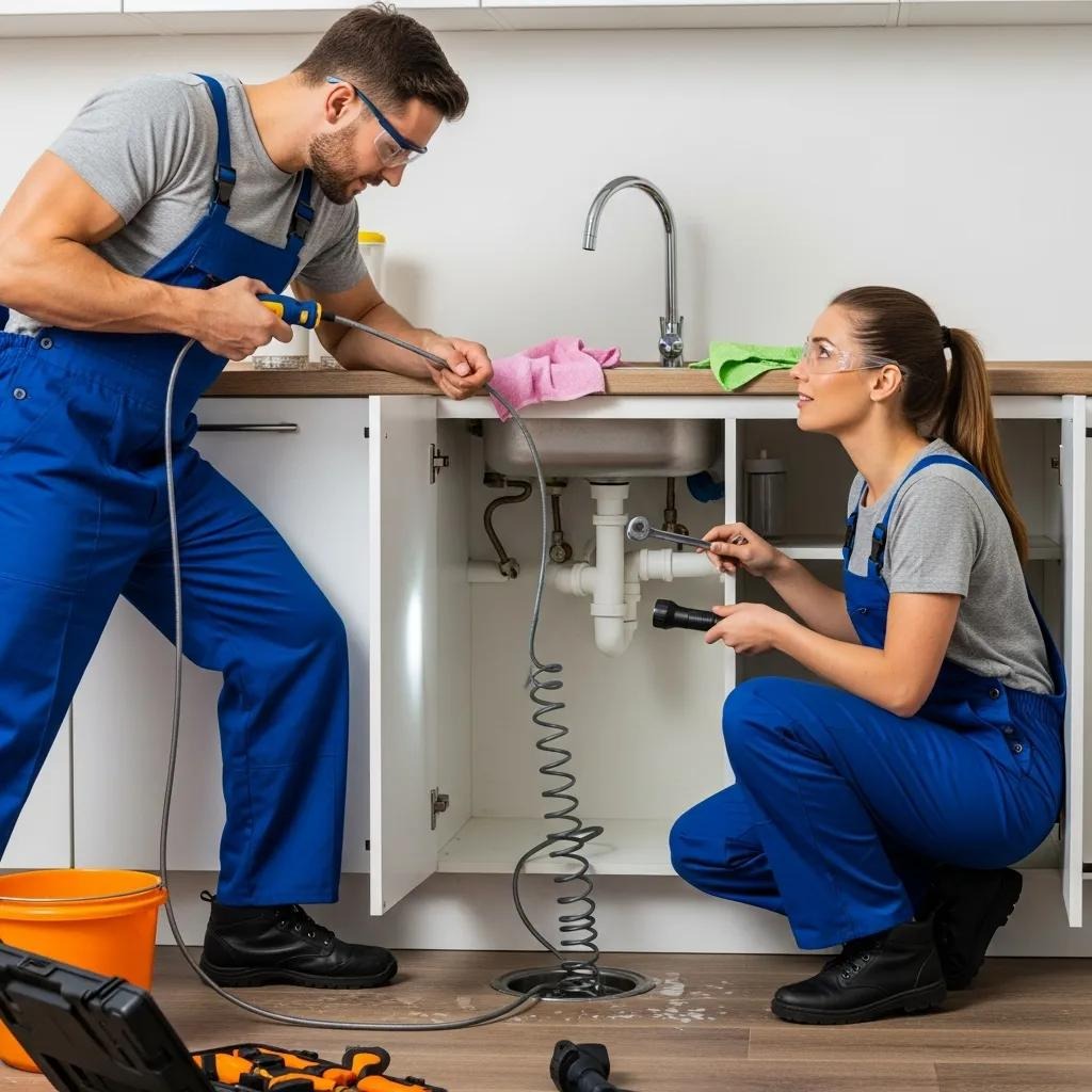 Professional plumbing team addressing an emergency drain cleaning situation in a residential setting