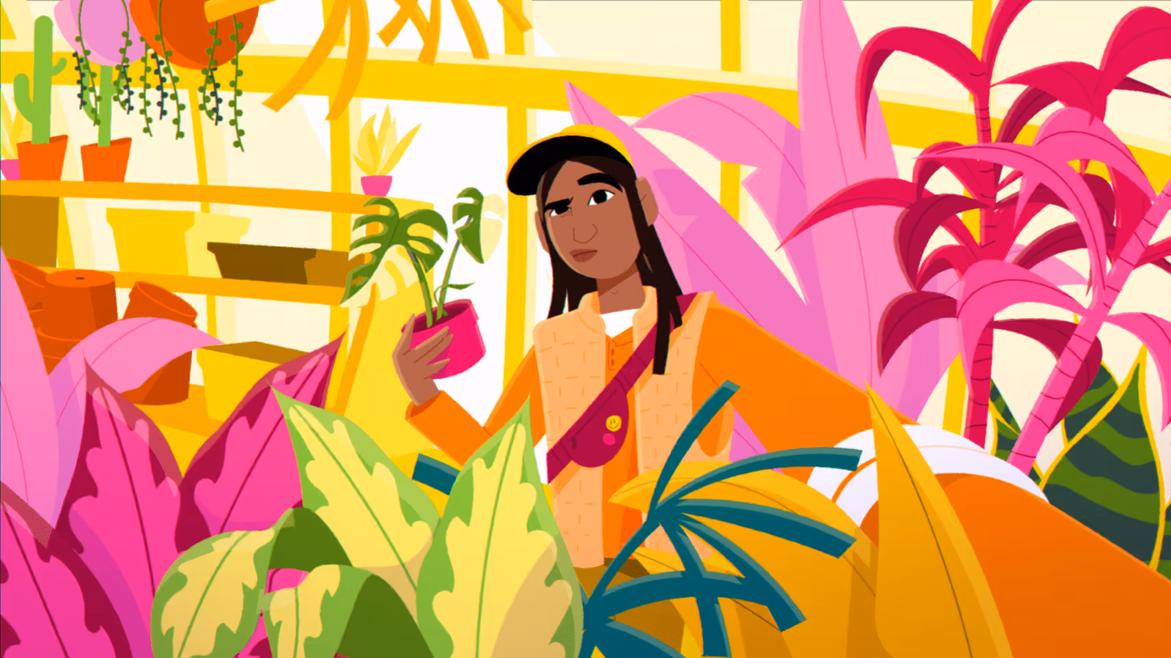 Illustration of a person in an orange outfit holding a small potted plant surrounded by various colorful tropical plants inside a bright greenhouse.