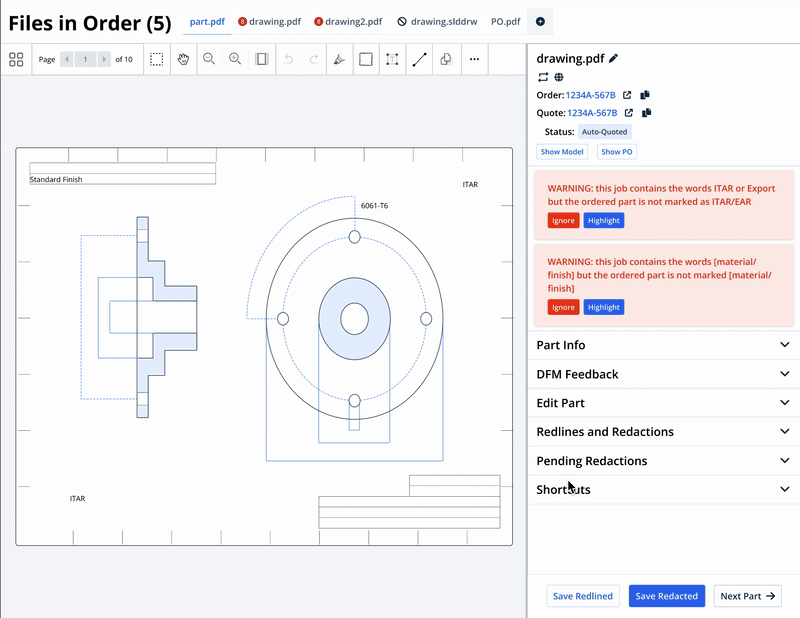 GIF of the final prototype for the File Markup and Redaction Tool used largely to view, redact, and redline customer part drawings.