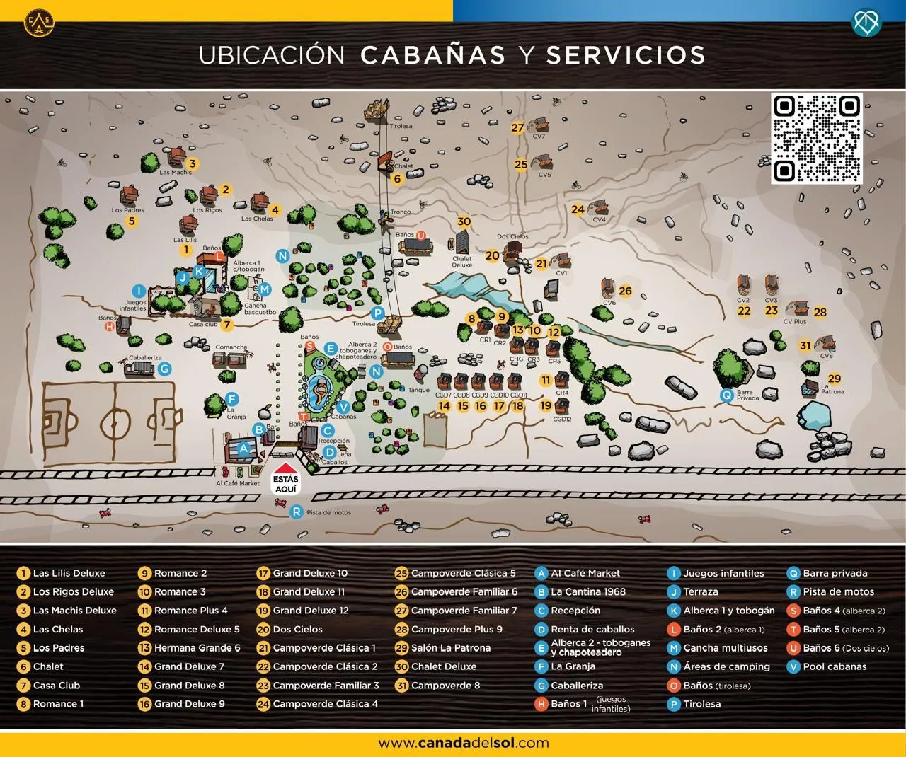 Mapa ilustrado de la ubicación de cabañas y servicios en Canadá del Sol con numeración y leyenda detallada de áreas como cabañas, albercas, baños, juegos infantiles, tirolesa y pista de motos.