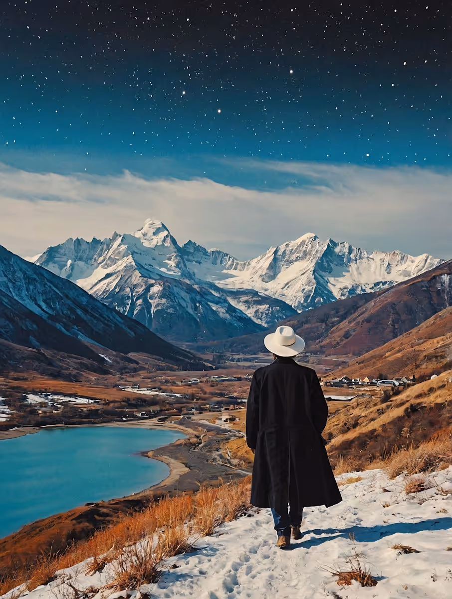 Solitary Figure in Snowy Mountain Landscape