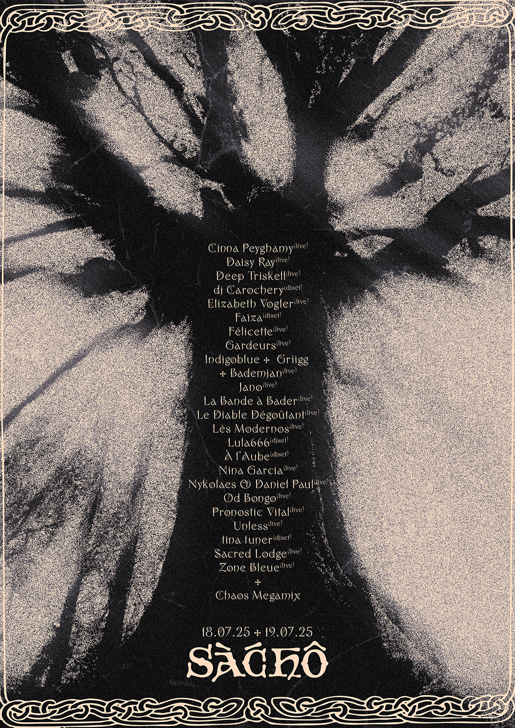 SÀCHÔ event poster featuring a dark tree silhouette with artist lineup and event dates 18.07.25 and 19.07.25, bordered by Celtic knot patterns.