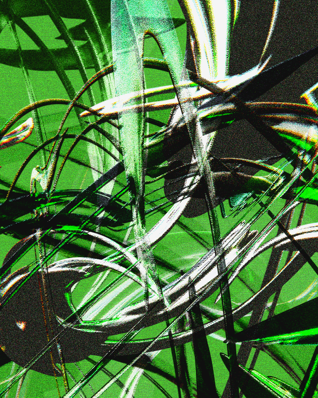 Abstract digital artwork with swirling and curved lines in shades of green, white, black, and hints of orange on a green background.