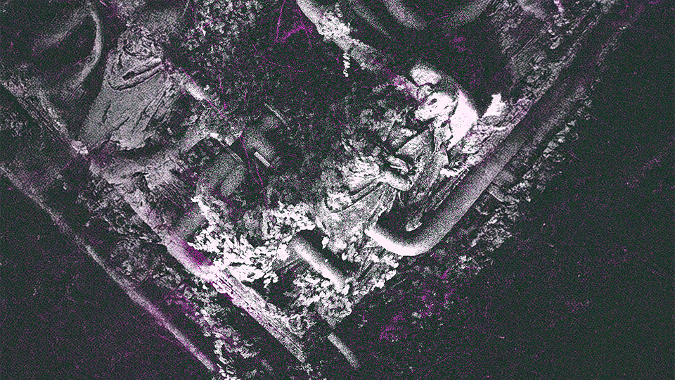 Close-up of a rotting wooden surface with rusty nails and decayed material.