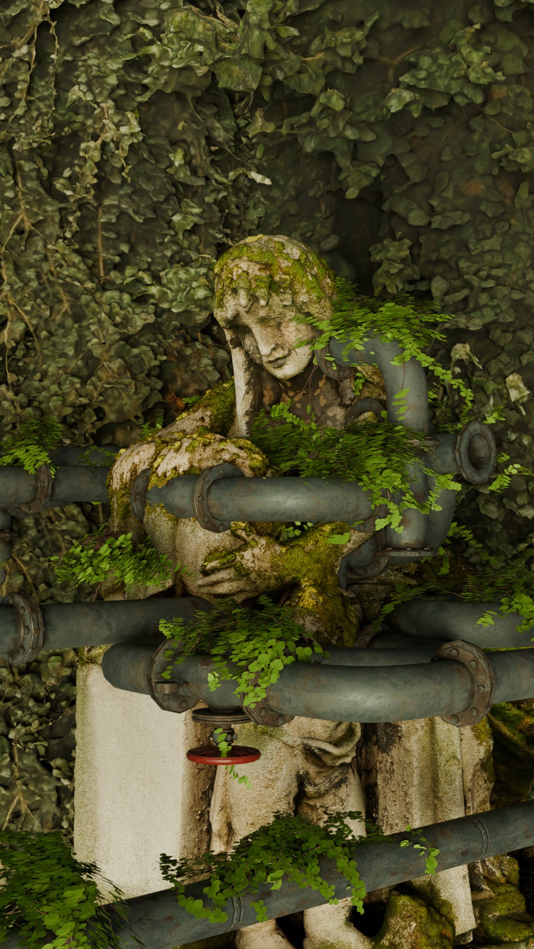 Moss-covered stone statue entwined with green foliage and metal pipes with a red valve in a nature-overgrown setting.