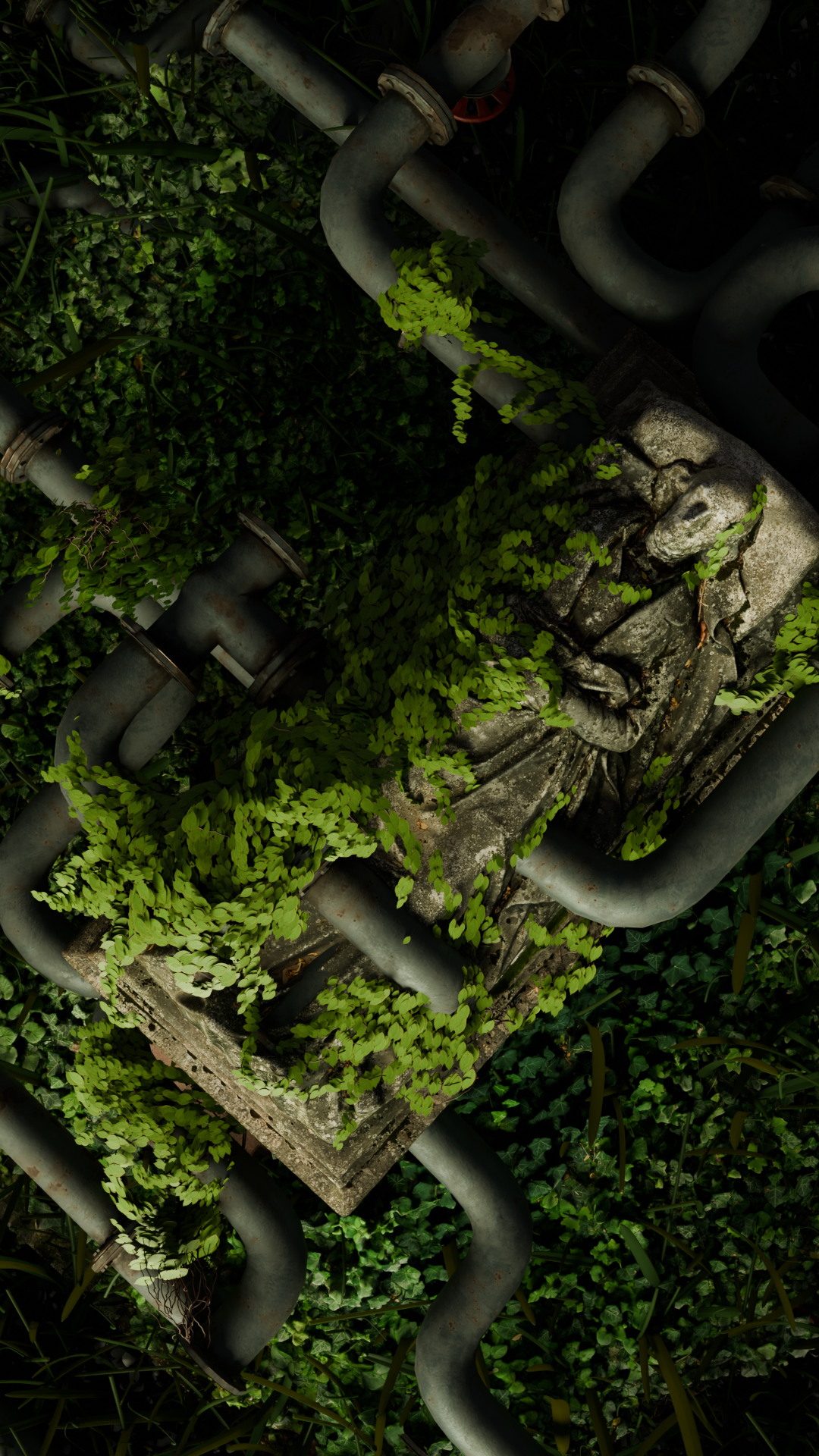 An old, weathered stone angel statue covered in green vines surrounded by twisted rusty pipes and dense foliage.