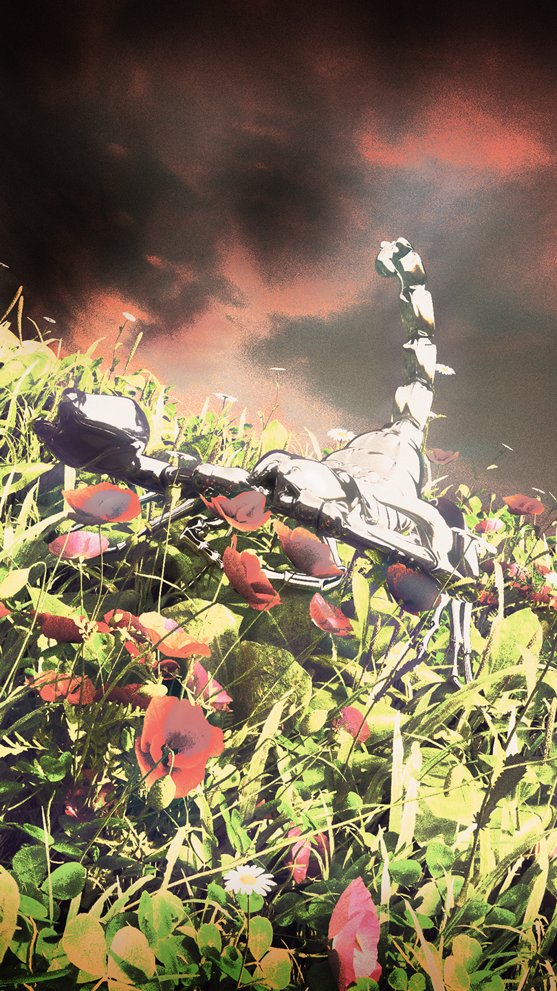 Shiny metallic scorpion sculpture resting among green grass and red poppy flowers under a dramatic pinkish sky.