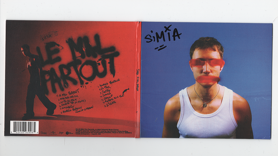 Album cover with a red background featuring a man walking on the left, graffiti-style text 'LE ML PARTOUT,' and a track list; the right side shows a man in a white tank top with red blurred marks over his eyes and mouth on a blue background, with 'SiMia' written above him.