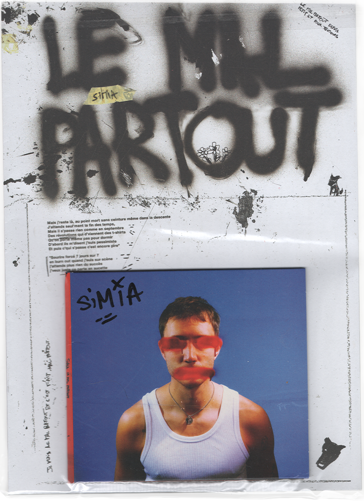 Graffiti-style text 'LE MAL PARTOUT' in black spray paint on white surface with a small drawing and a photo of a man wearing a white tank top and red paint over his eyes and mouth labelled 'SIMIA'.