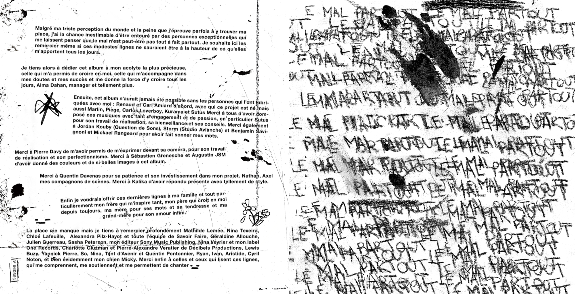 Two-page black and white text layout; left page contains a French dedication and acknowledgments with some handwritten marks and floral doodle, right page filled with repeated, overlapping handwritten words 'LE MAL PARTOUT' with ink blotches.