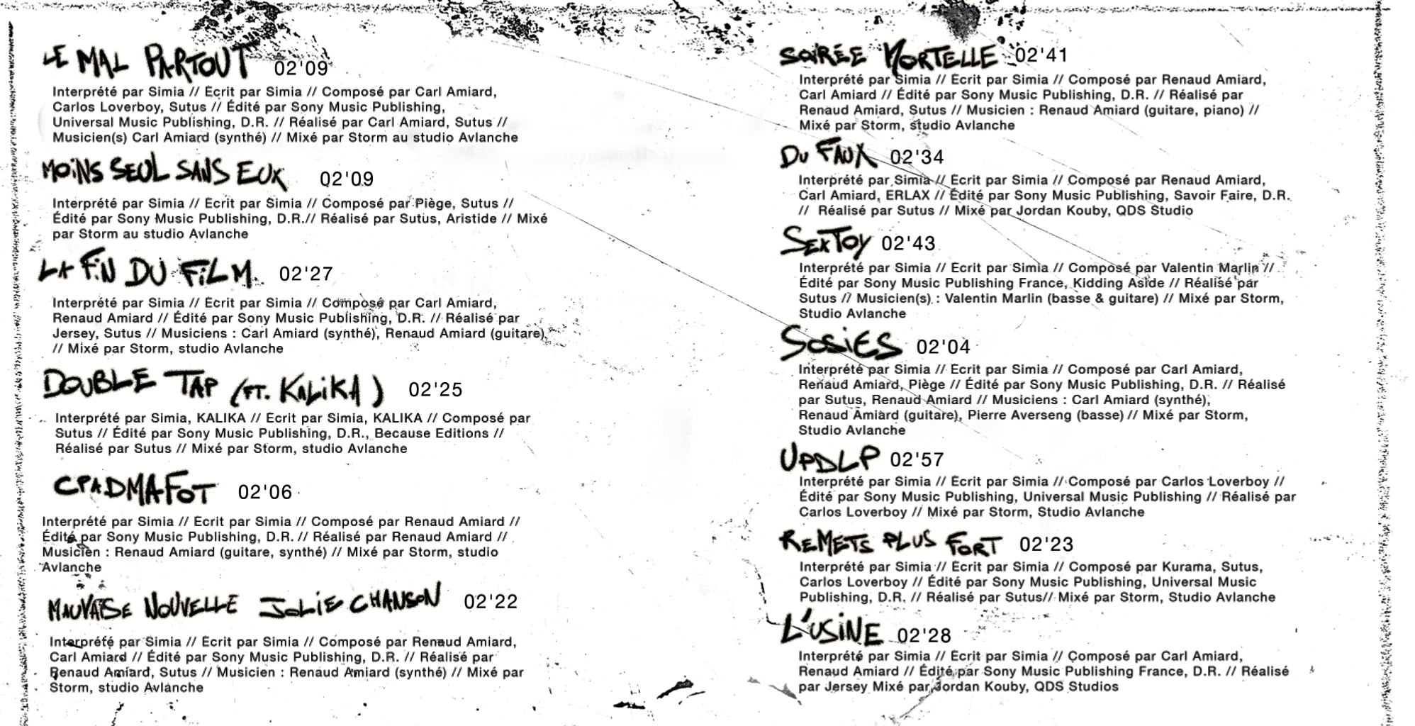 Tracklist and credits for a music album featuring songs by Simia, listing titles, durations, composers, musicians, producers, and studios.